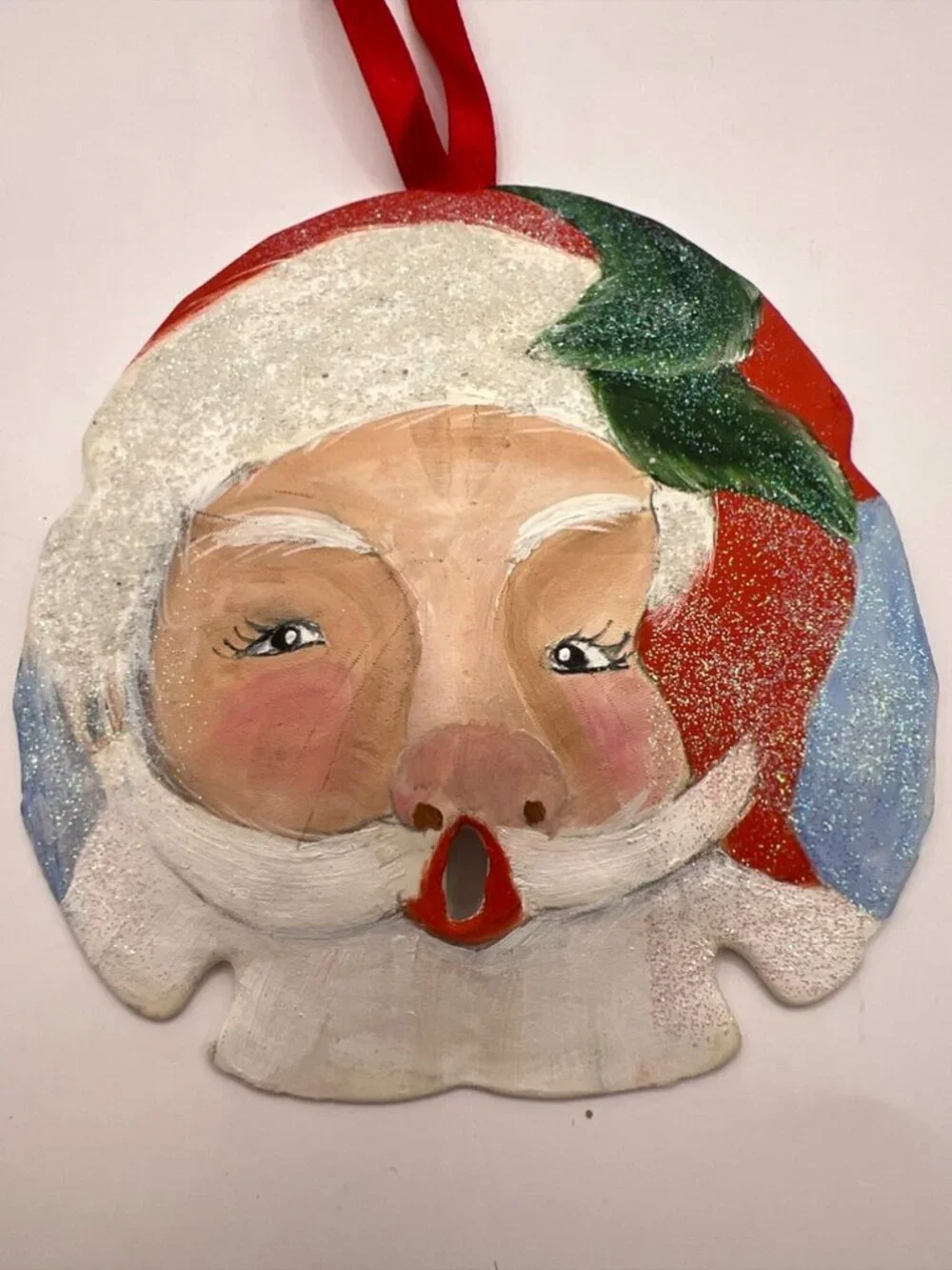 Vtg Hand painted Sand Dollar Santa Face 4